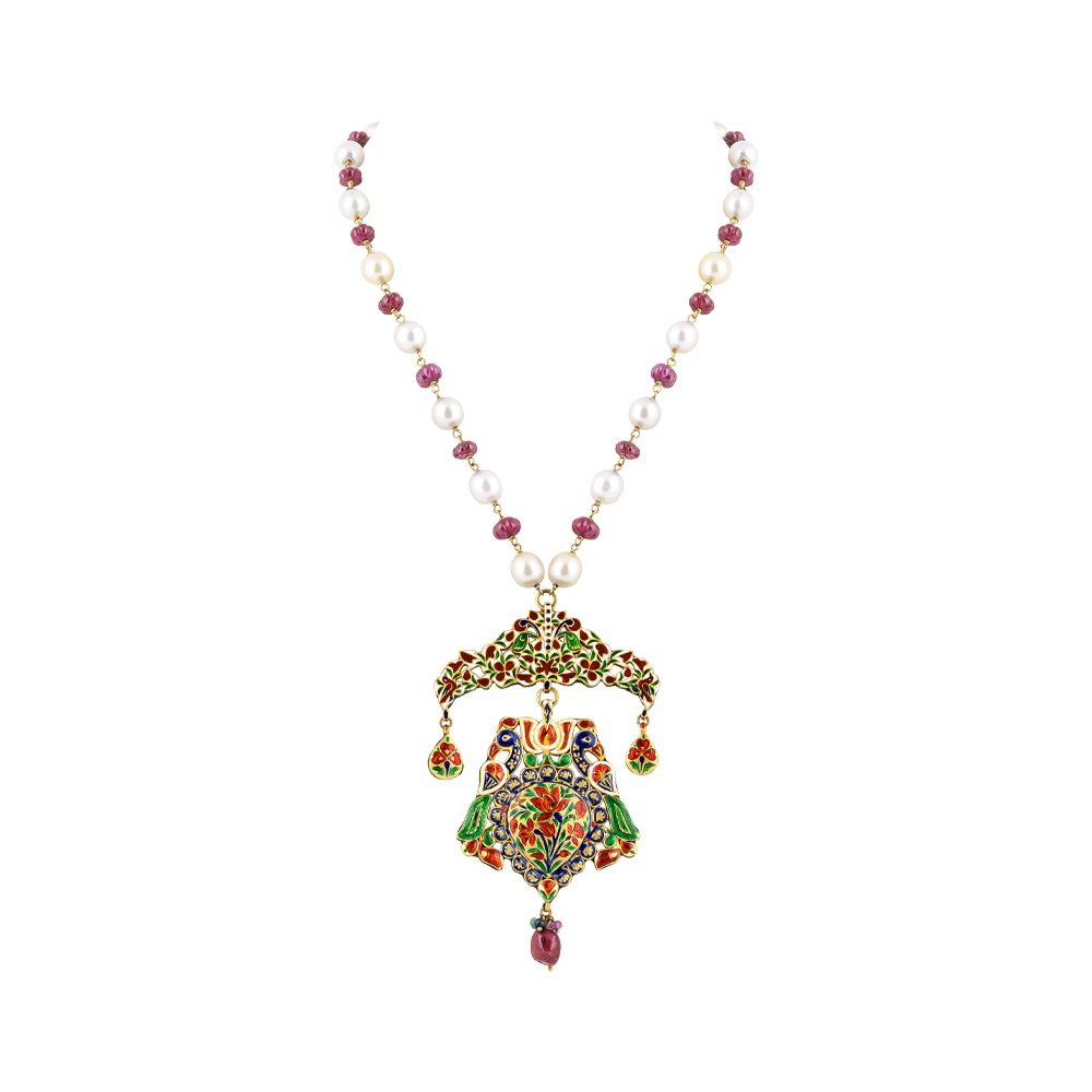 Peacock Polki Pendant Necklace with Rubies, Green Talaf & Southsea Pearls